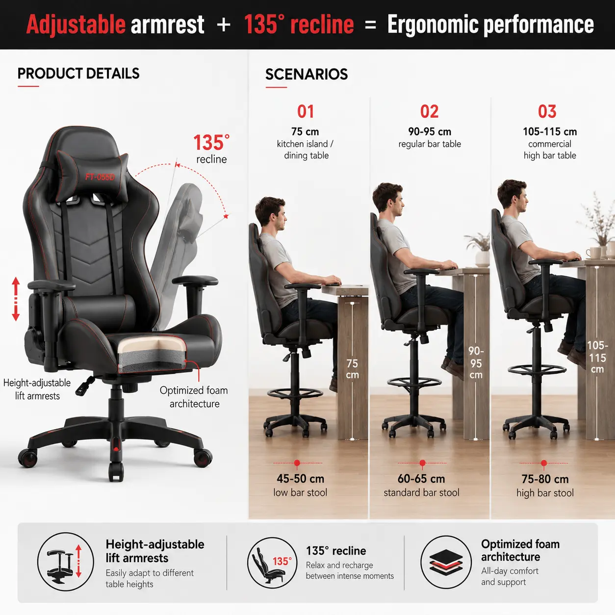 Comparison of fixed armrest vs adjustable lift armrest height range