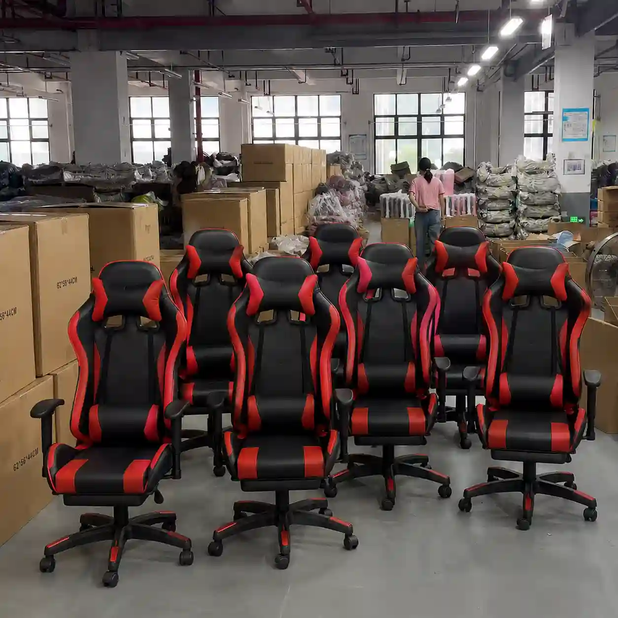 Finished FT-055D gaming chairs from the 400-unit wholesale production order