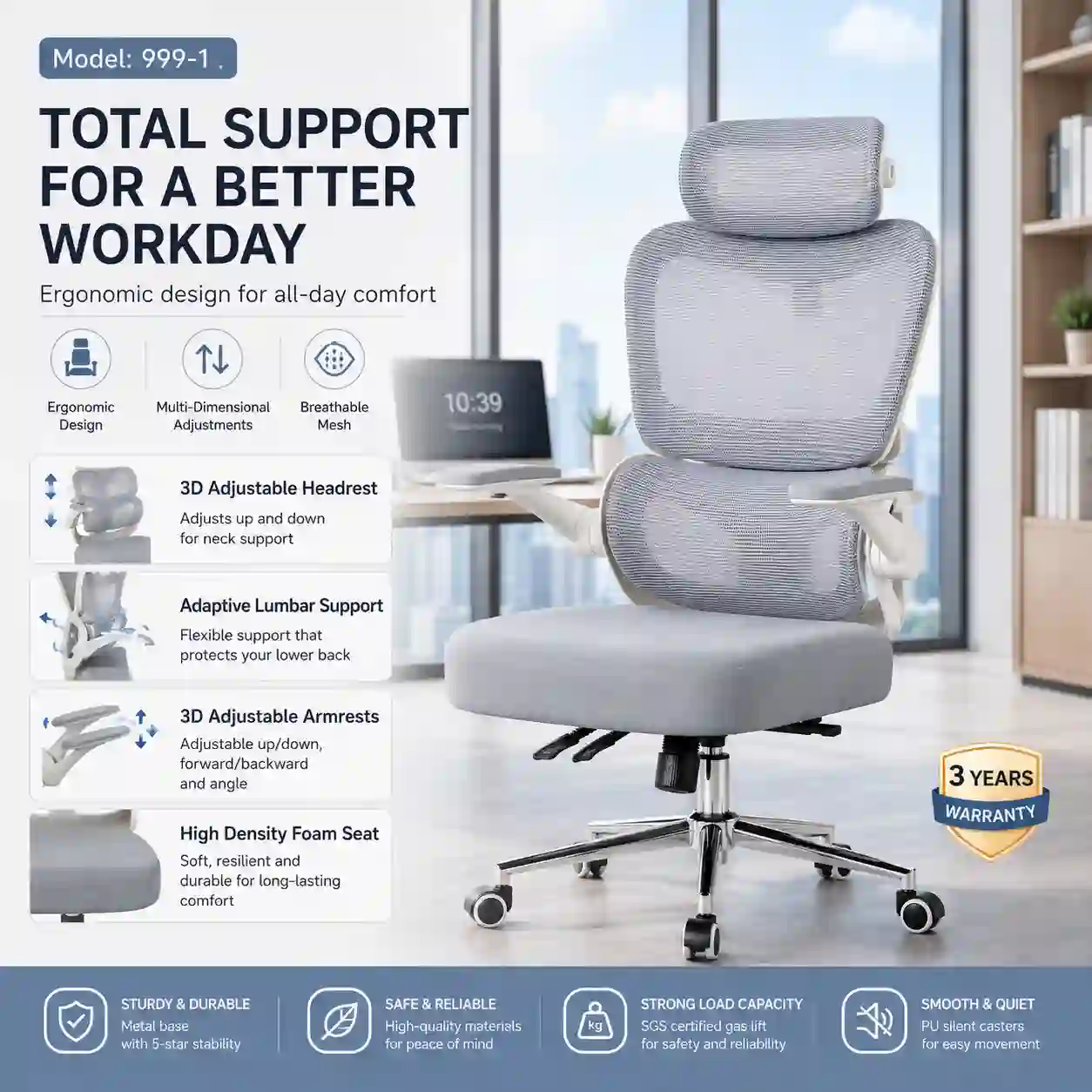 999-1 office chair feature showing reclining mechanism for work comfort