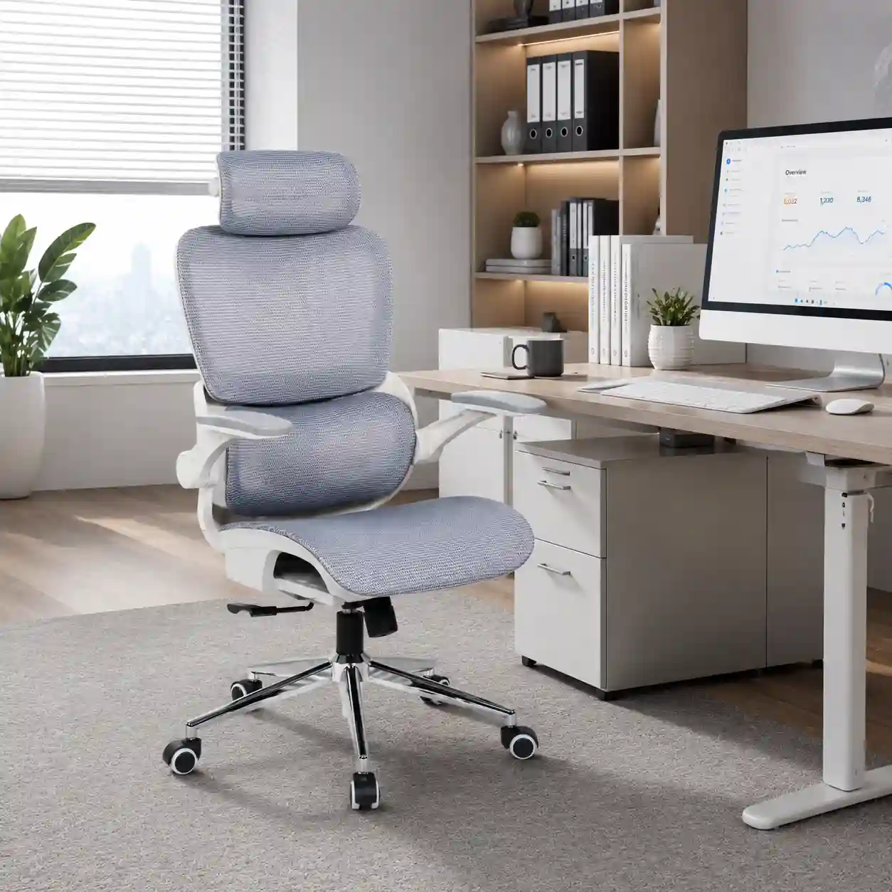 999 mesh office chair feature showing 3D adjustable headrest for ergonomic comfort