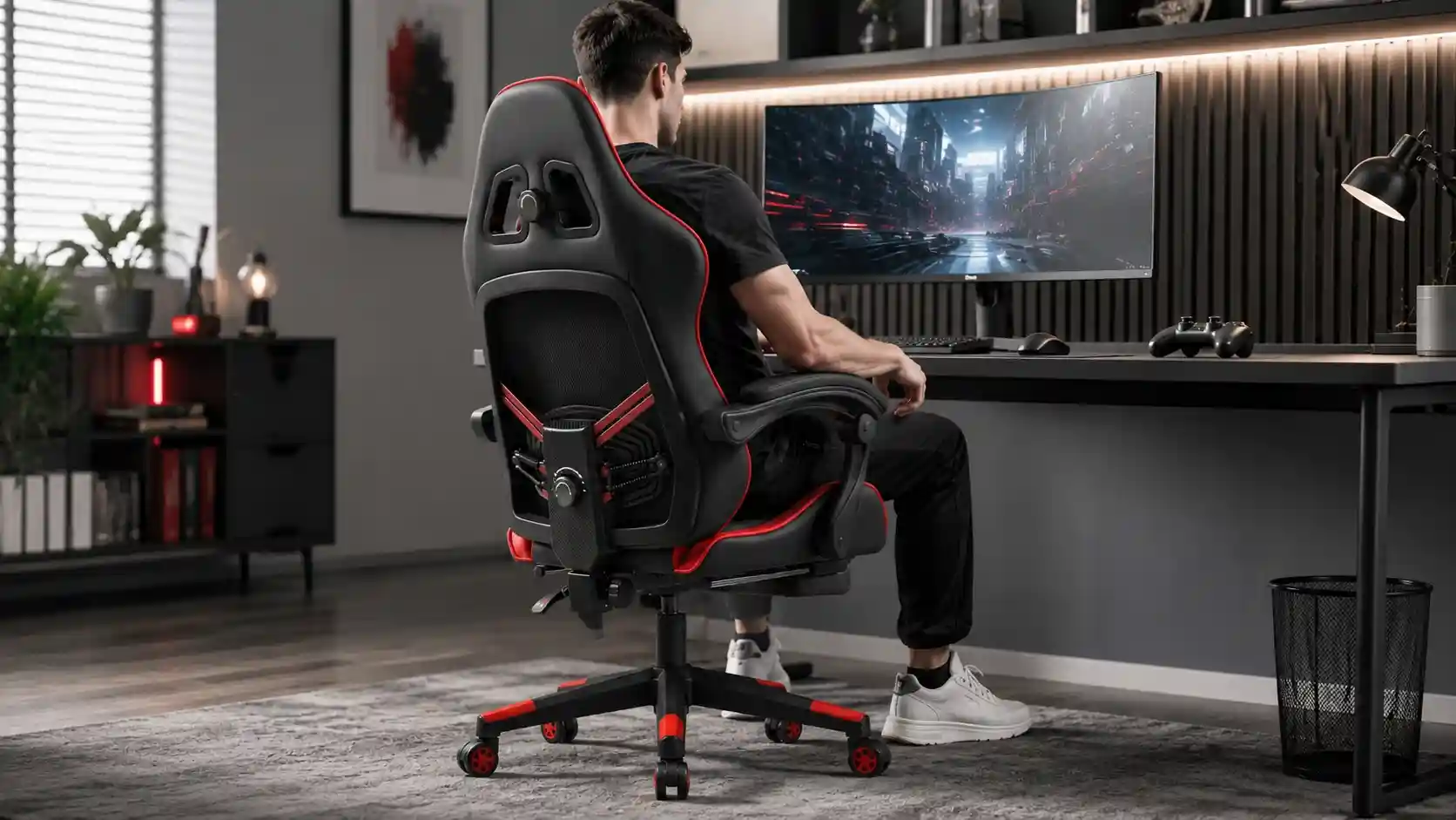 Adaptive lumbar support gaming chair designed for changing sitting positions