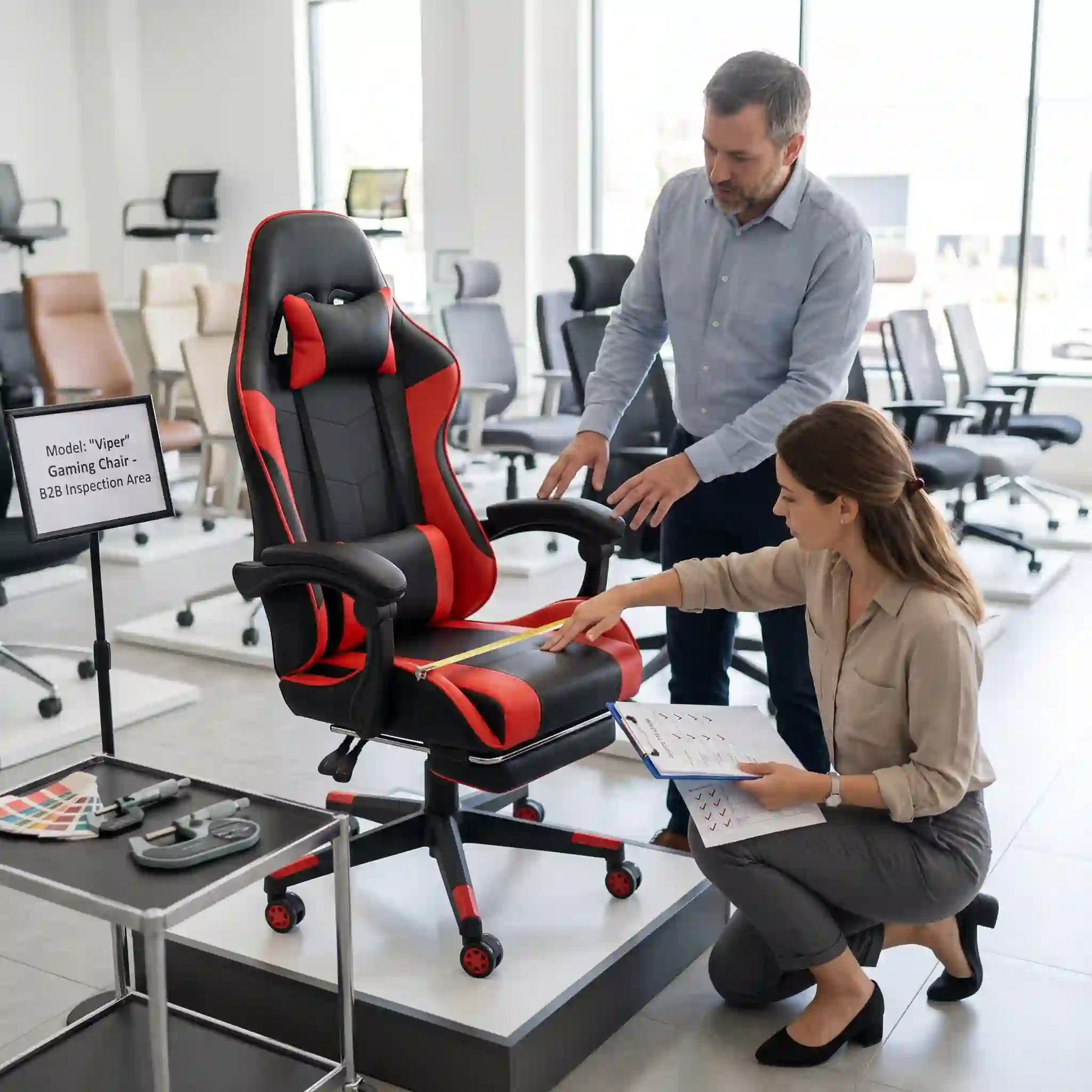B2B buyer inspecting gaming chair fit and functions before a bulk order