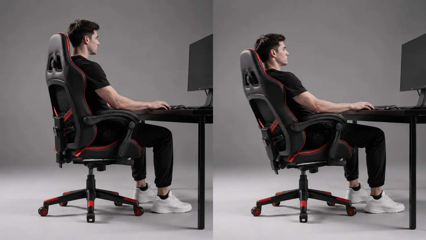 Dynamic gaming chair lumbar support maintaining contact during recline