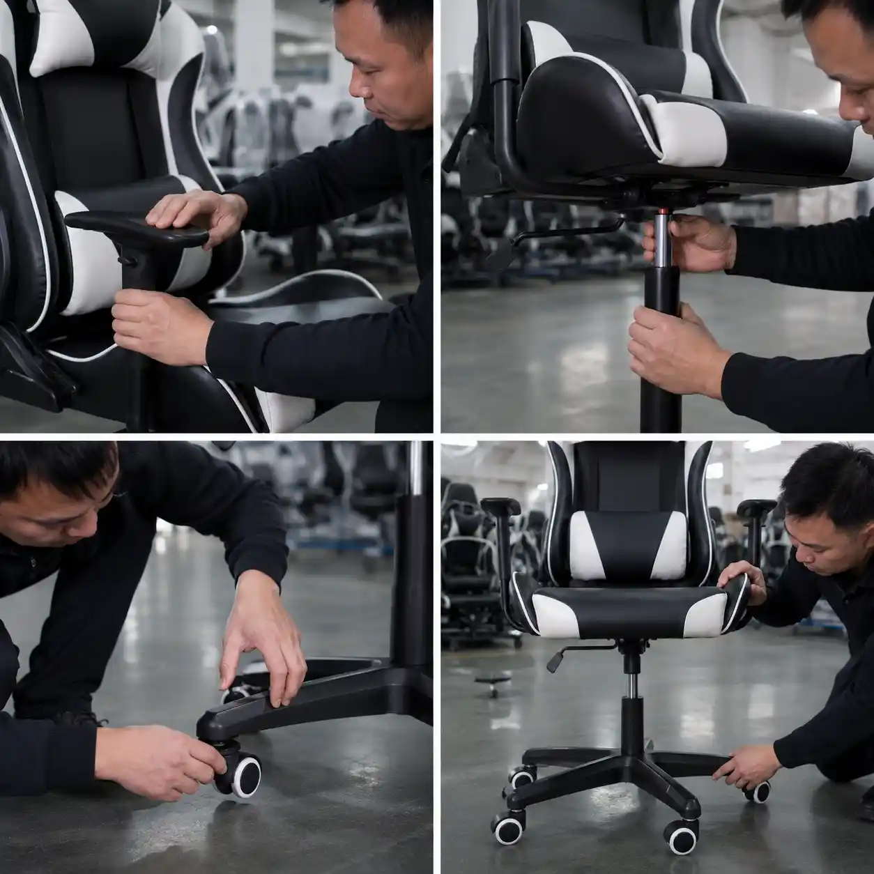 Gaming chair armrest and gas lift function test for wholesale buyers