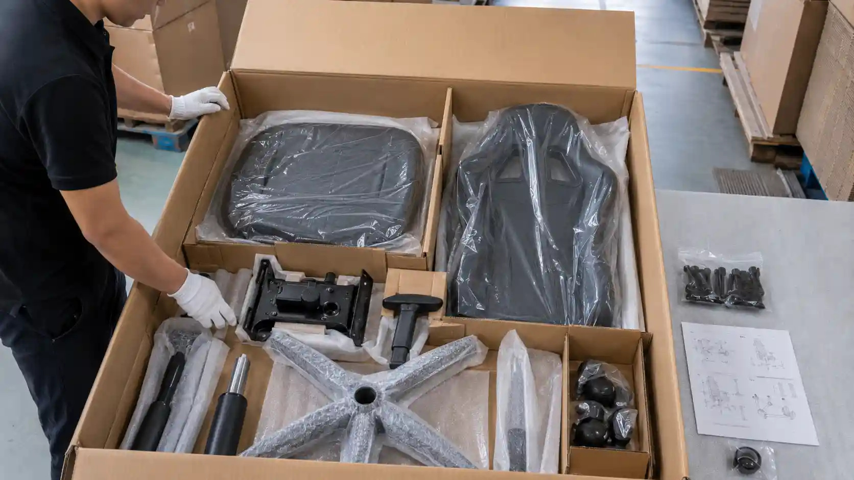 Gaming chair export packing and spare parts prepared for wholesale shipment