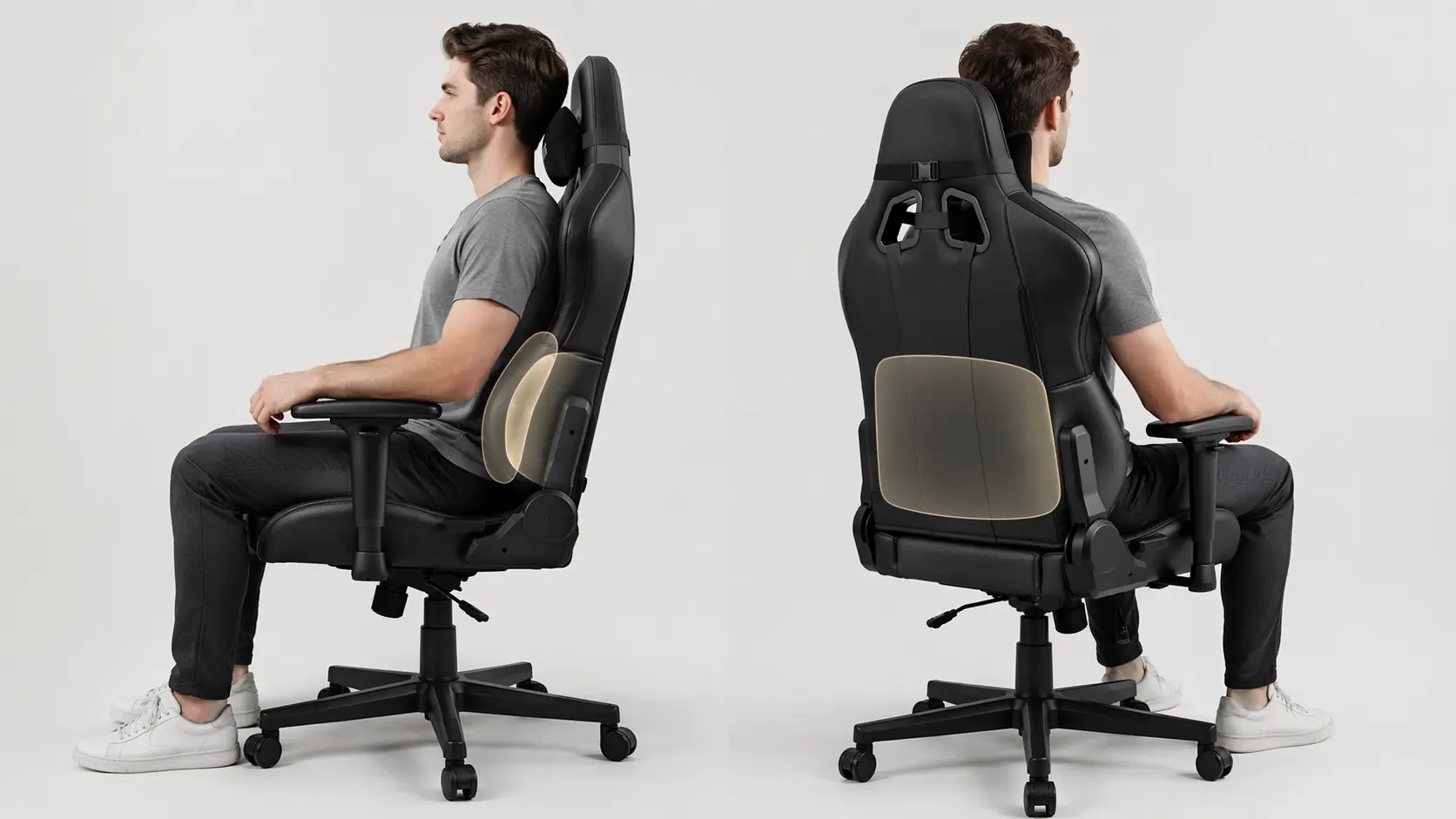 Conceptual illustration of gaming chair lumbar contact and pressure distribution