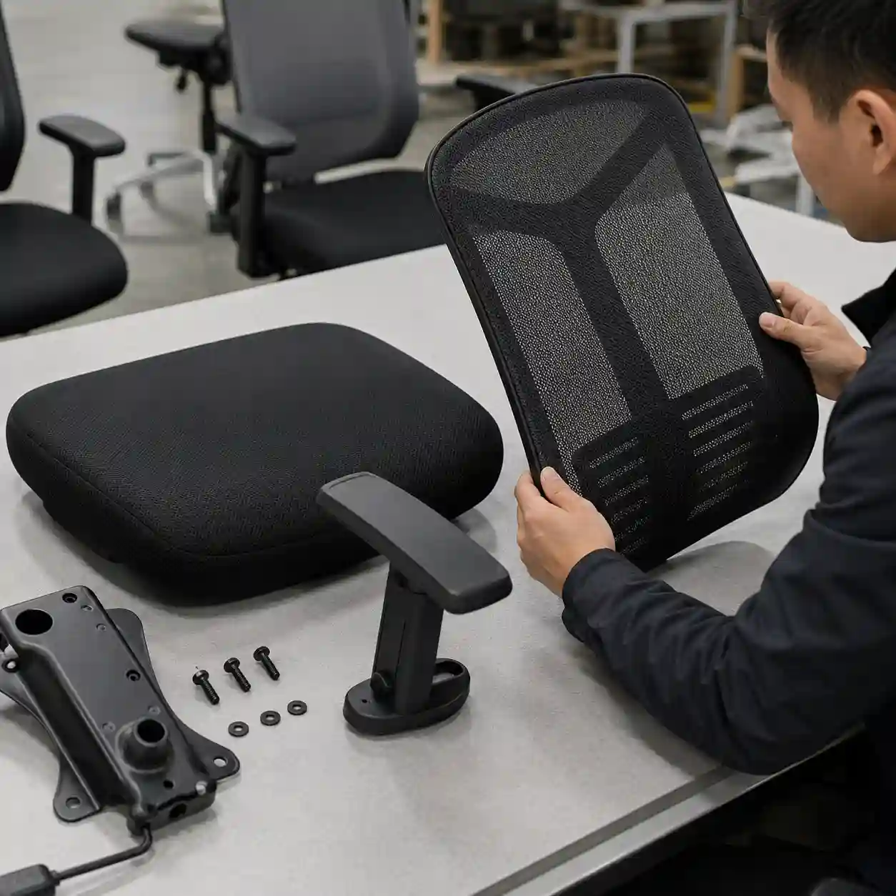 Mesh office chair components quality inspection including foam and armrests