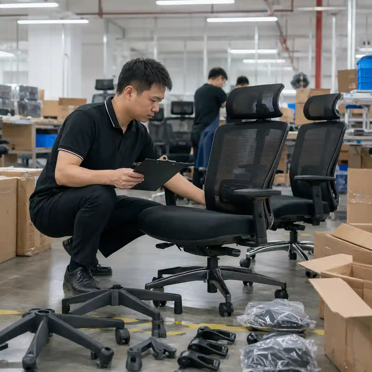 Office chair quality control inspection for bulk orders in a factory