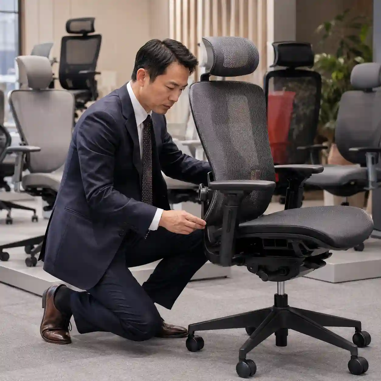 B2B buyer inspecting office chair quality issues before bulk orders