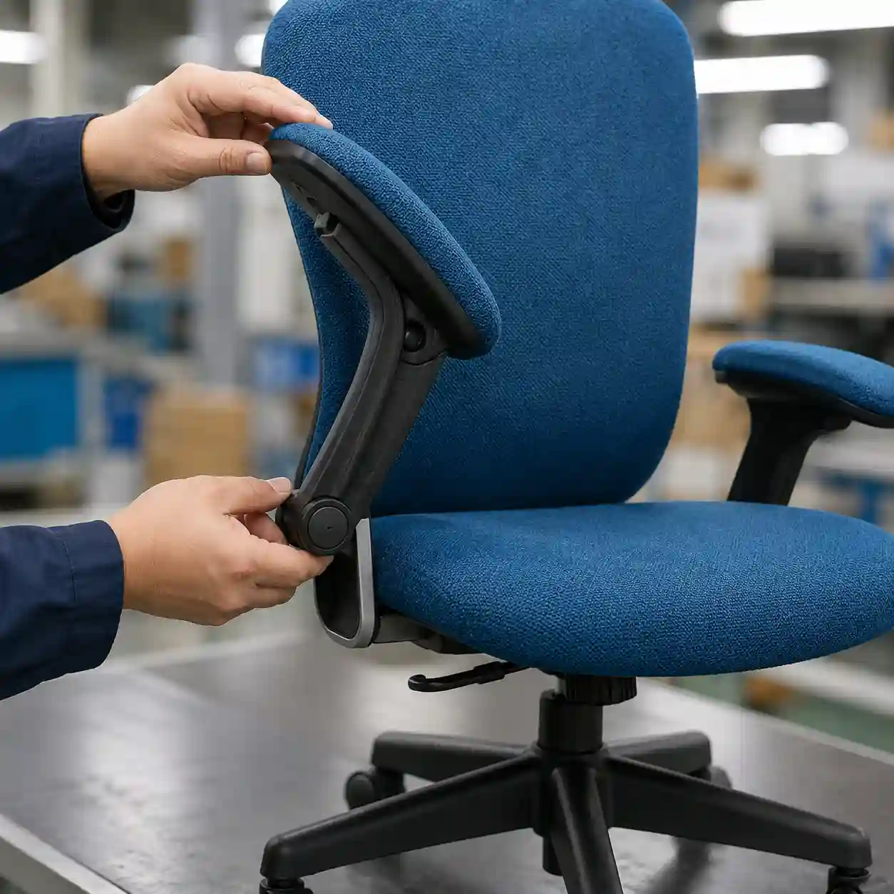 Flip-up armrest hinge stability check on 703 compact fabric office chair for B2B buyers
