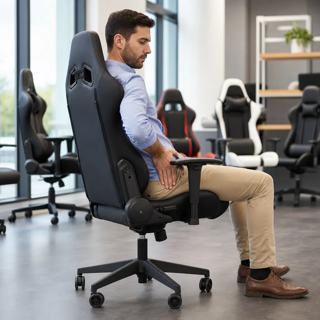 B2B buyer checking gaming chair comfort and back support before bulk order
