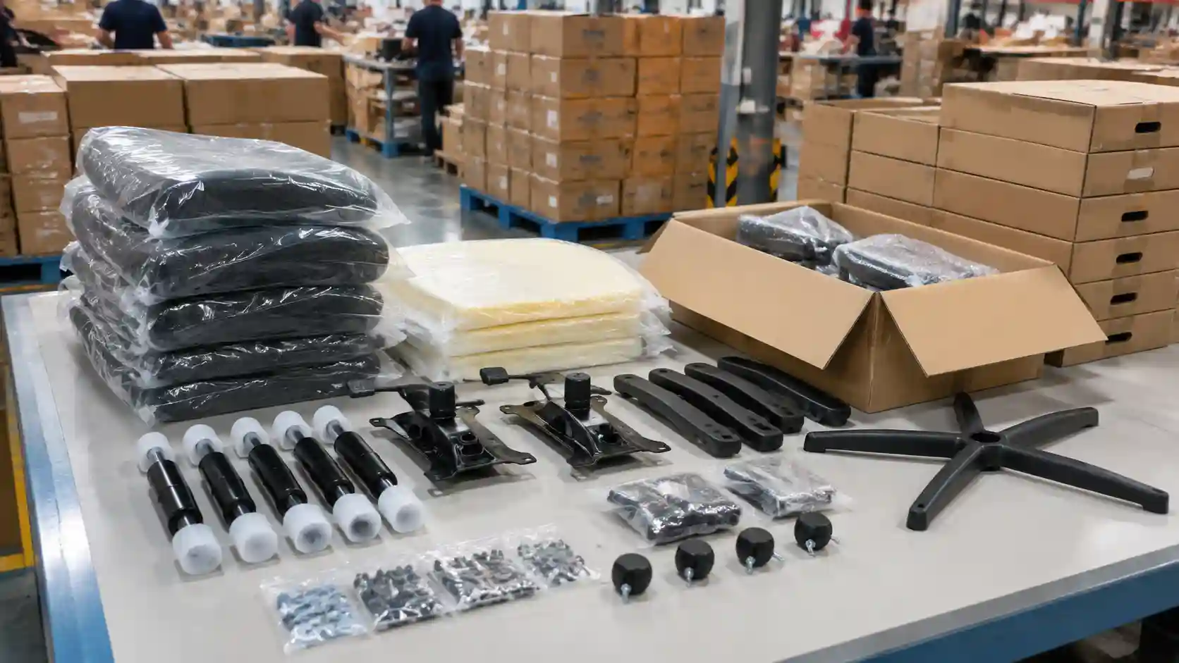 Protected gaming chair gas lifts and mechanisms prepared for export packing
