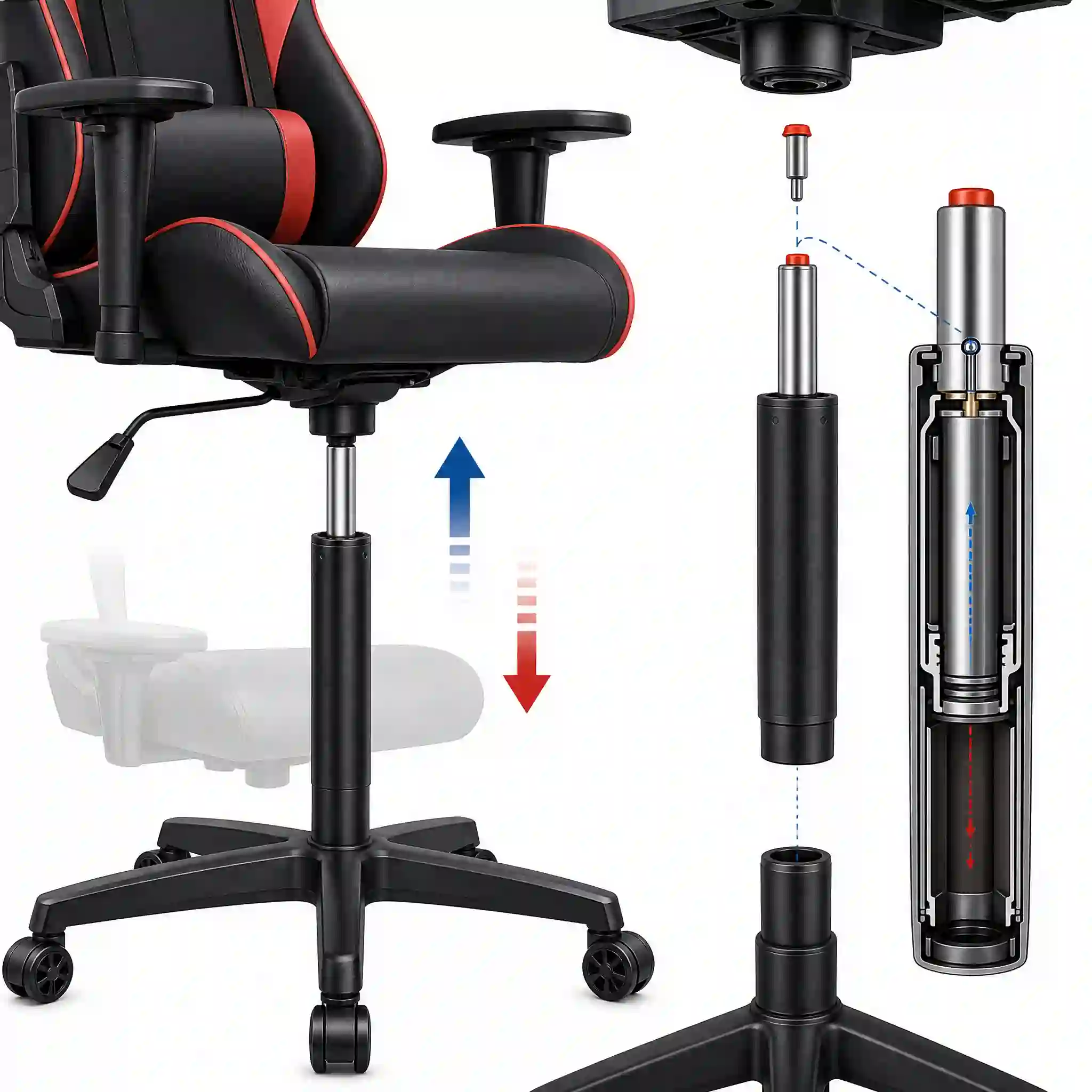 Diagram style image showing how a gaming chair gas lift mechanism controls seat height