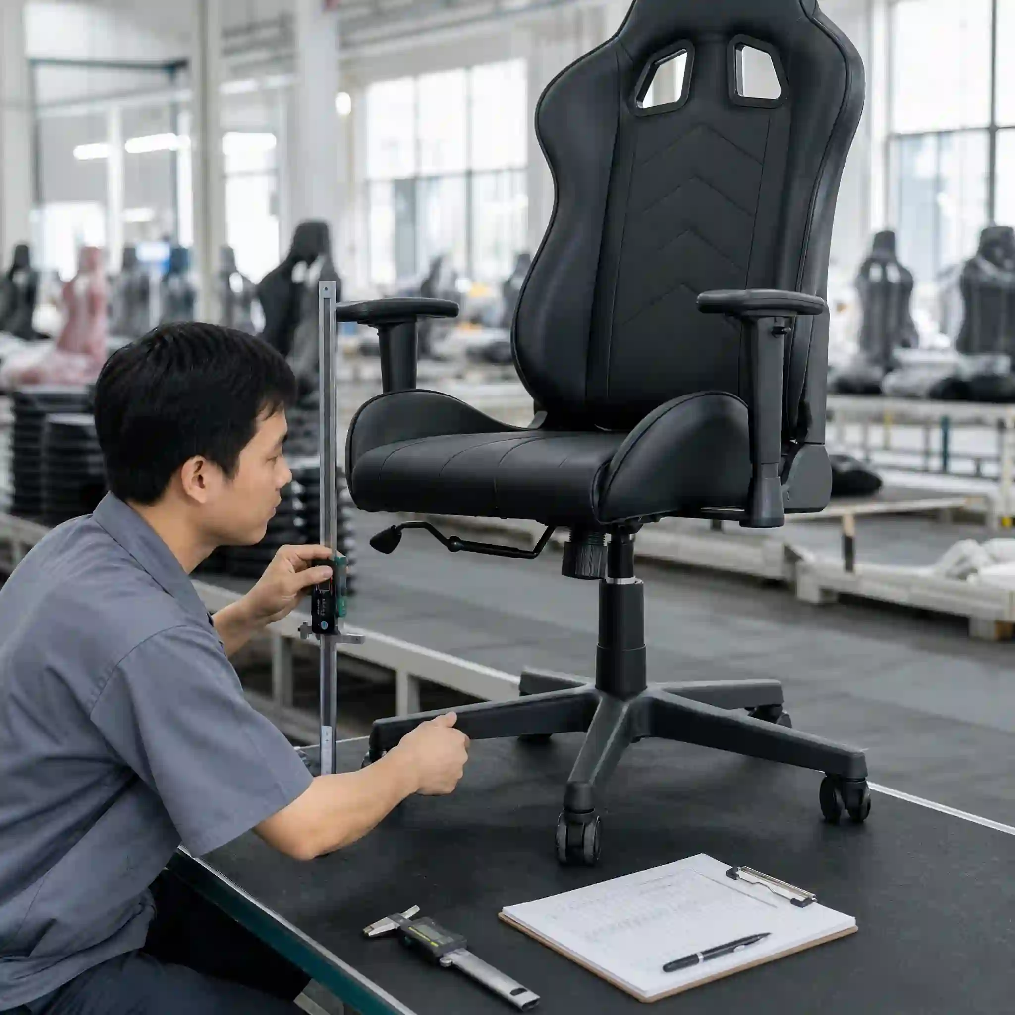 Factory inspector checking gaming chair gas lift height stability before bulk order production