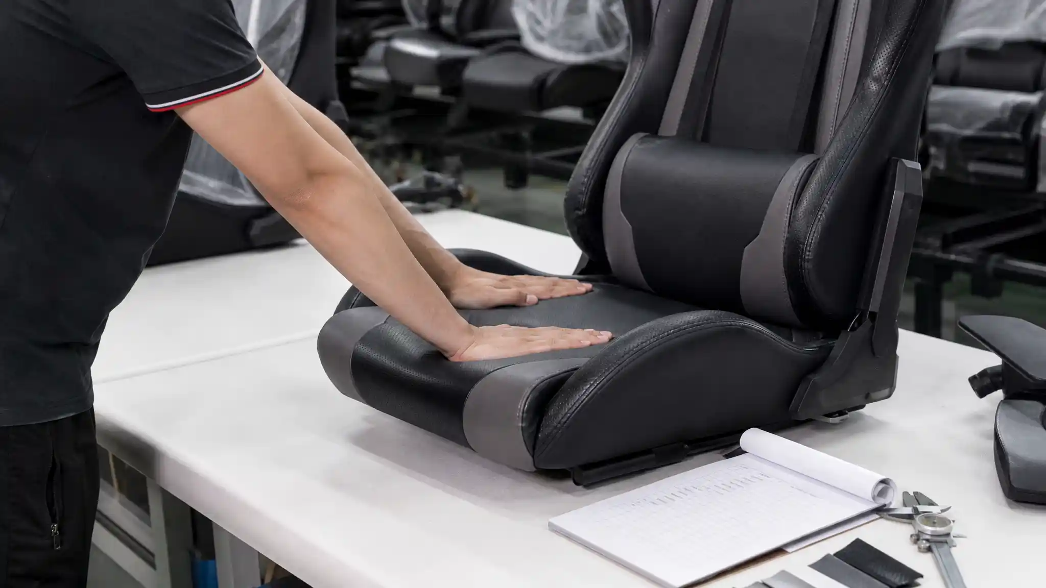 Gaming chair seat foam compression test for bulk order quality control