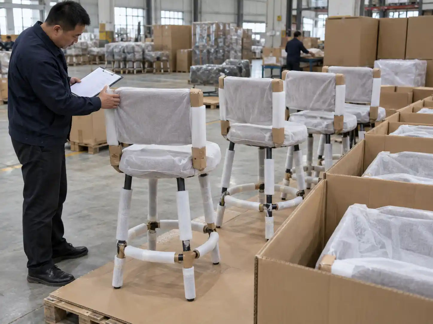 Commercial bar stools with backs protected in export cartons for bulk shipment