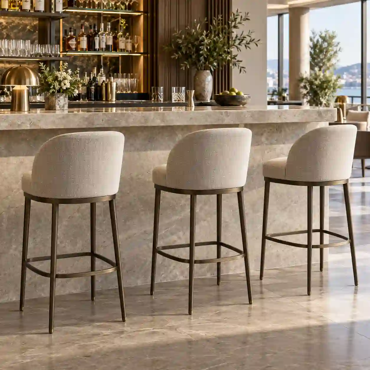 Commercial bar stools with backs arranged at a hotel bar counter for wholesale buyer planning