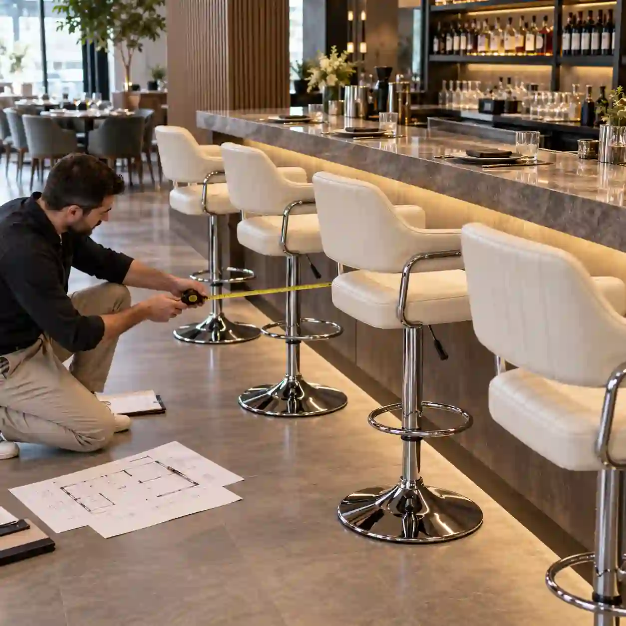 Planning armrest clearance for upholstered bar stools at a commercial counter
