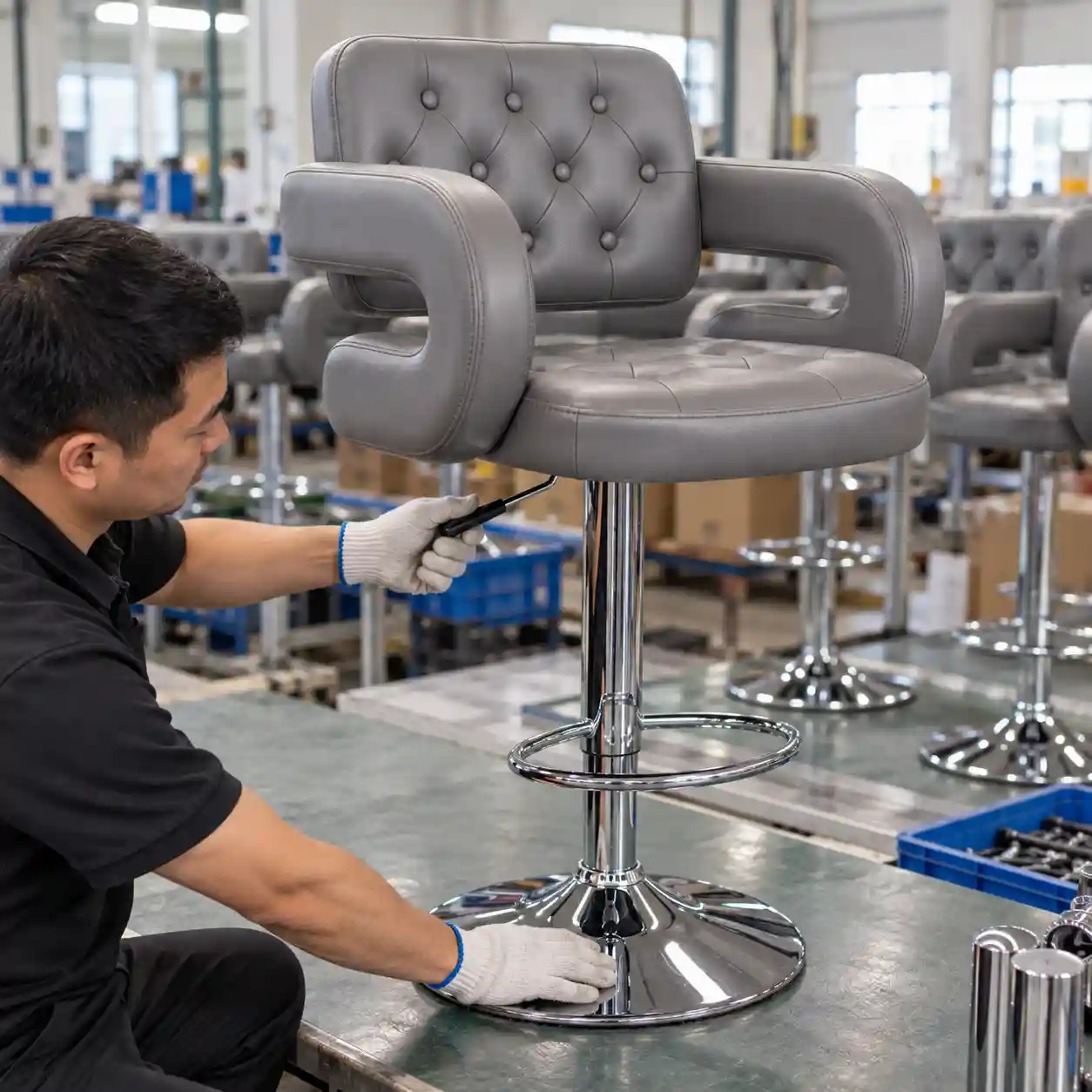 Inspecting gas lift and chrome base stability on a tufted bar stool