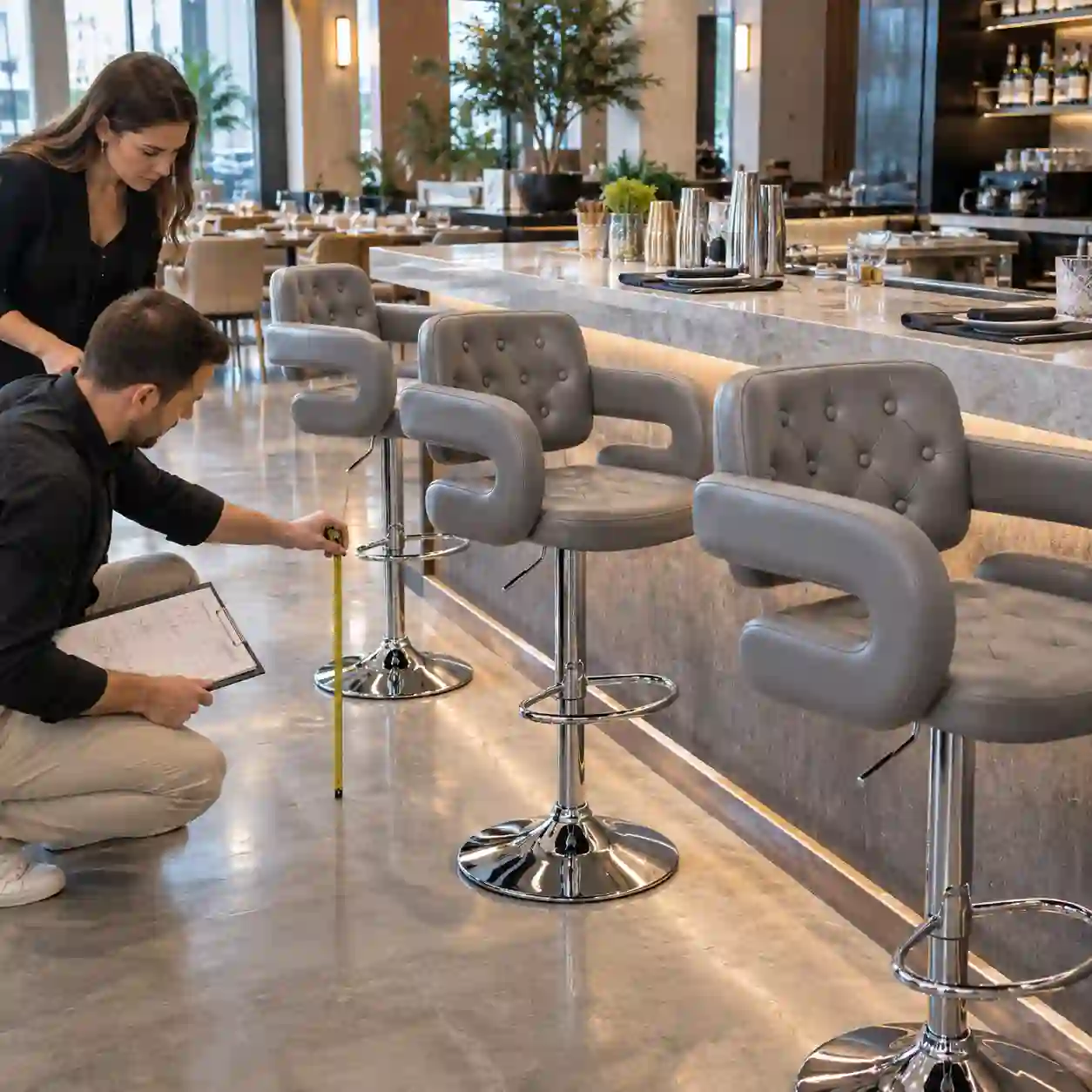 Checking layout and armrest clearance for tufted bar stools at a counter