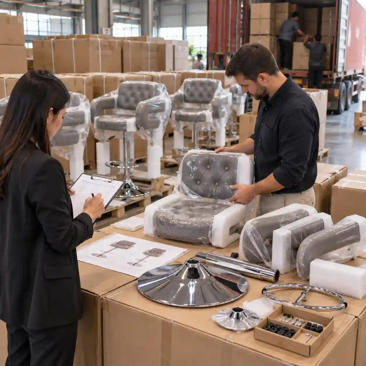 Bulk order packing and loading review for tufted upholstered bar stools