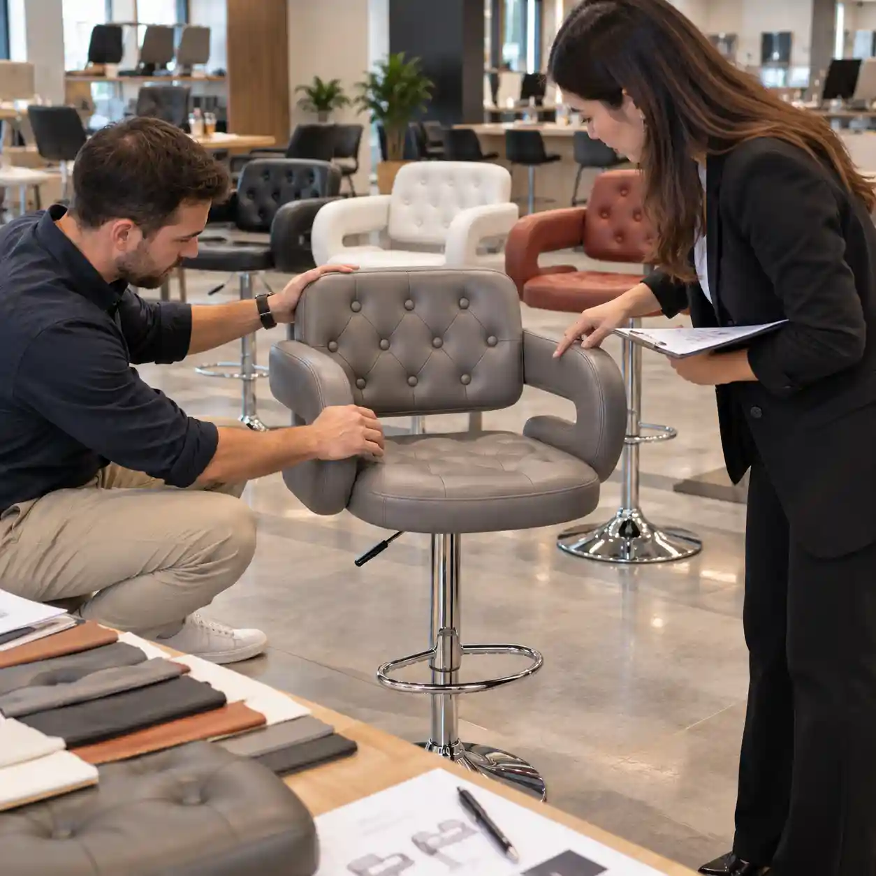 Buyer reviewing tufting upholstery and arm alignment on a bar stool sample
