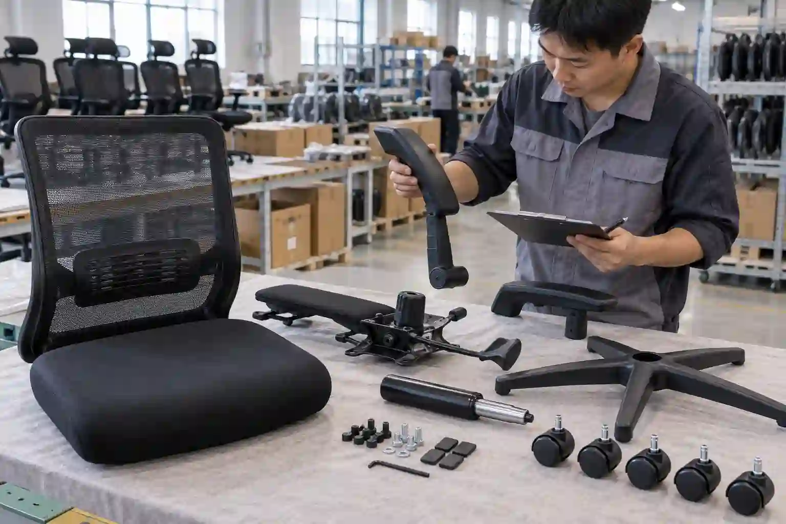 Inspector reviewing mesh office chair components including gas lift mechanism base and castors