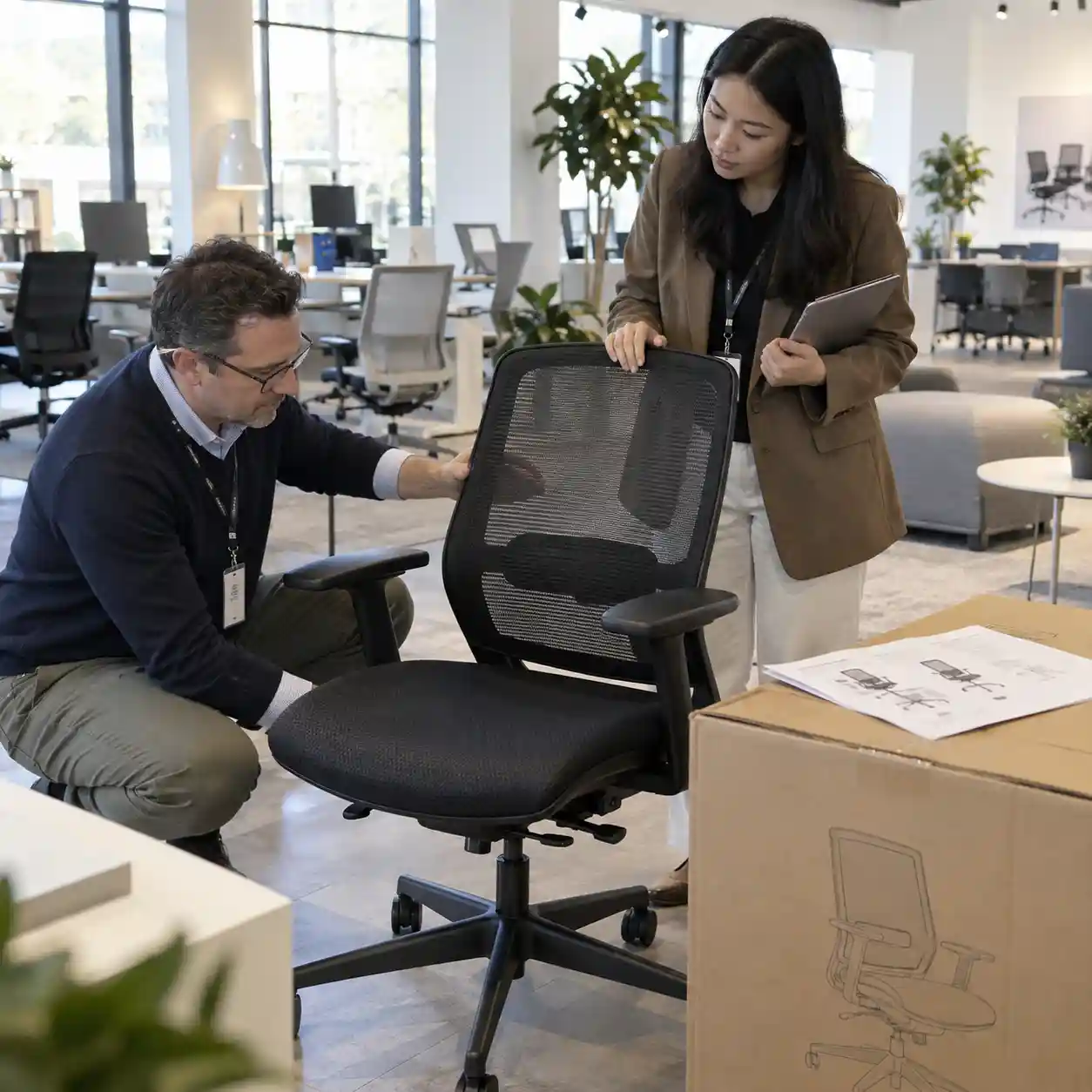 B2B buyers reviewing a mesh office chair sample and packing details before a bulk order