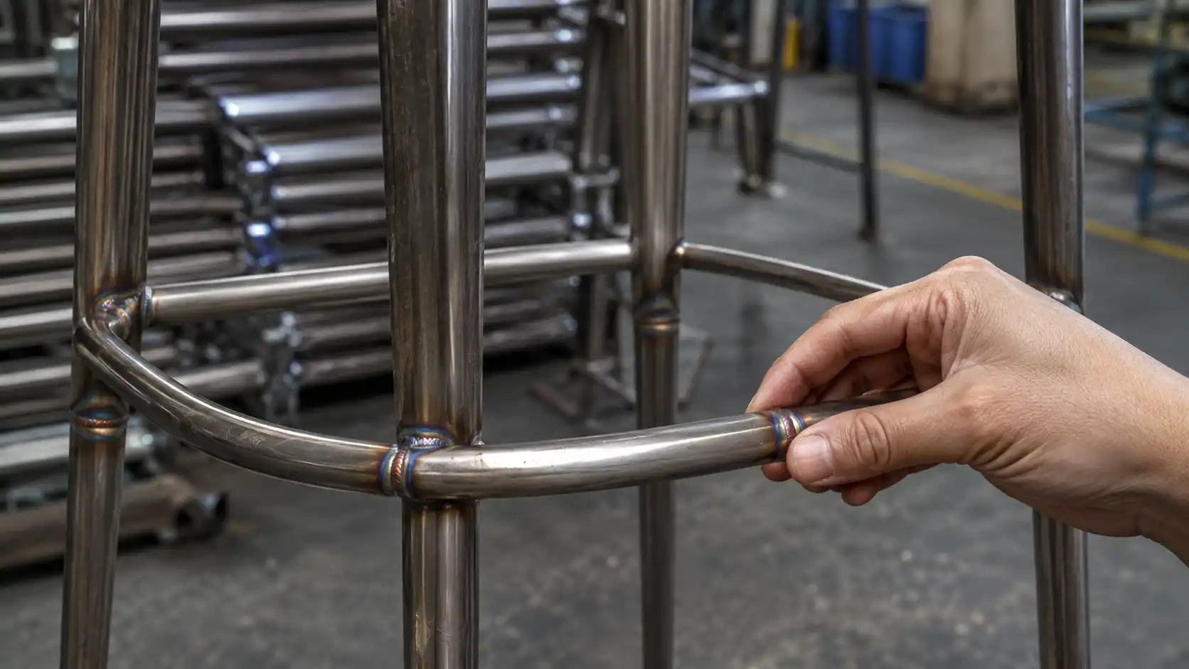 Metal bar stool frame welding and footrest quality check before bulk production