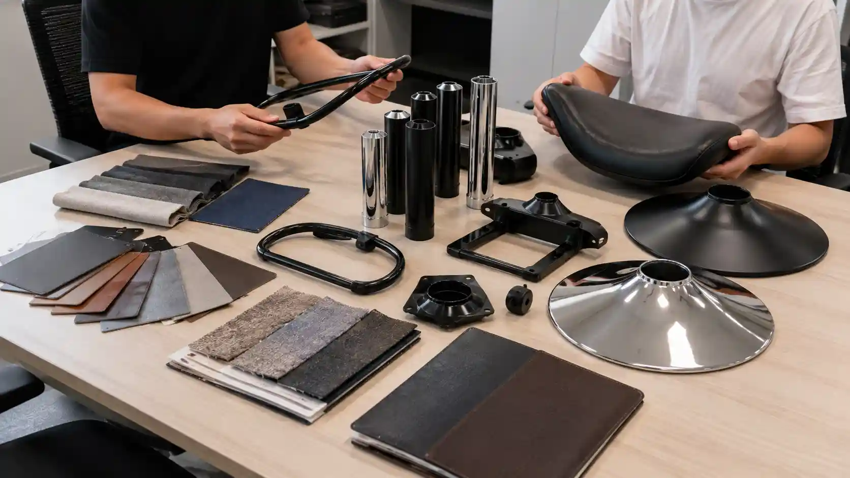 Metal counter stool finish and upholstery samples for commercial buyers
