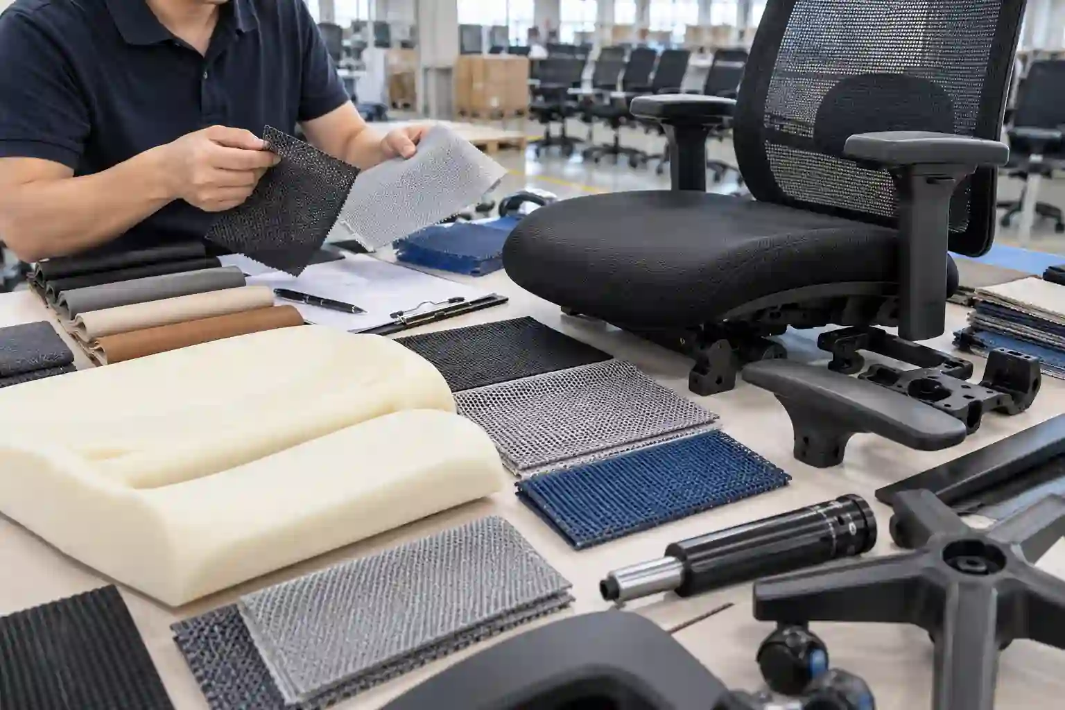 Physical material swatches and samples used to approve an office chair bulk order