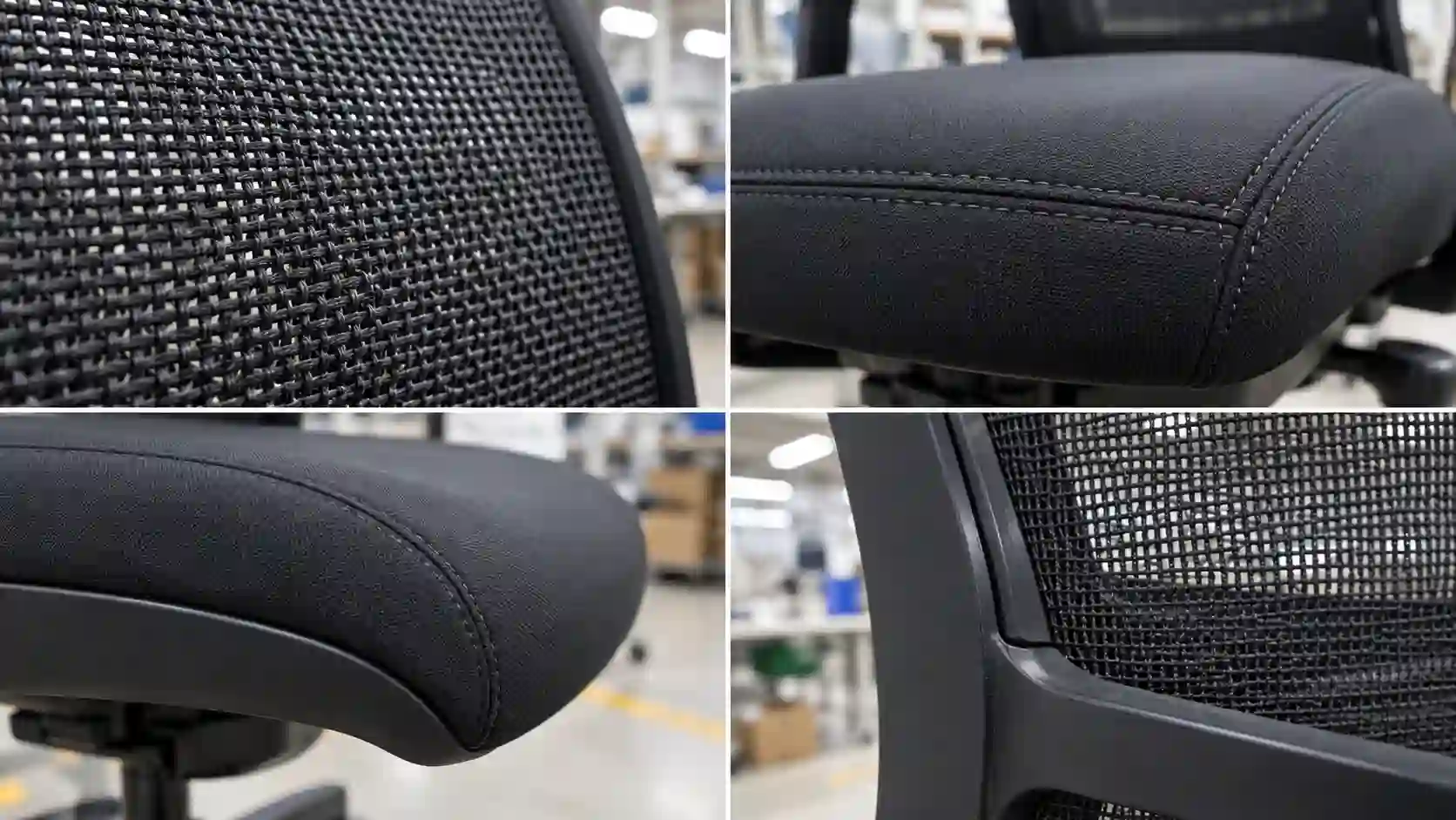 Office chair mesh, upholstery stitching and edge-wrapping details for quality review