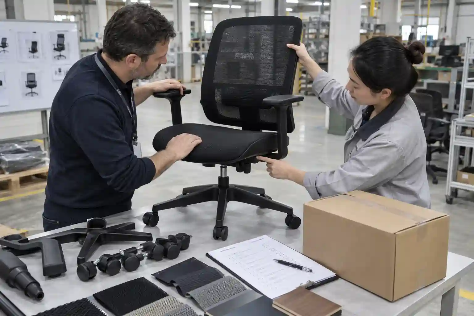 Buyer comparing a mesh office chair sample with bulk order approval details