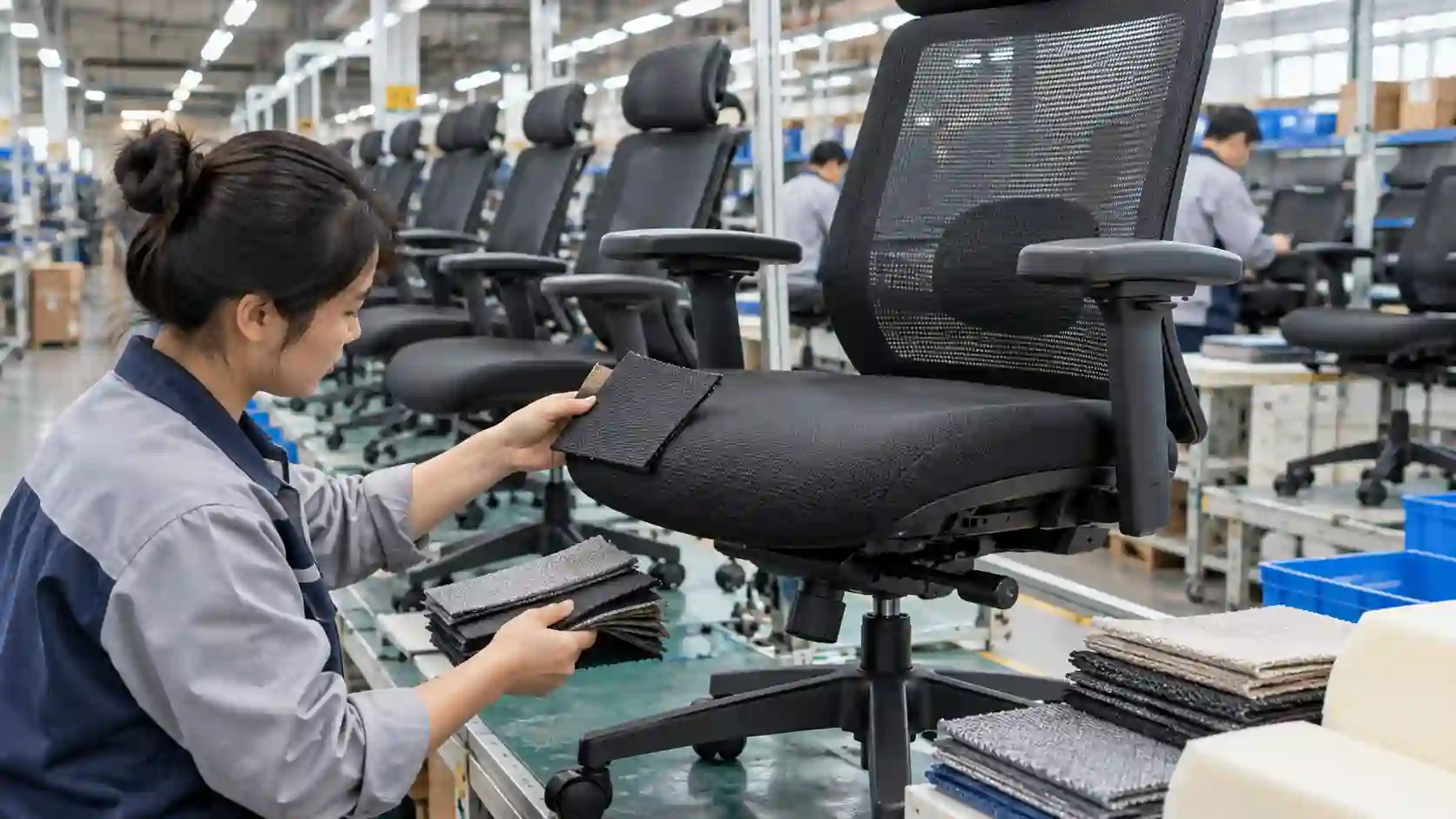 Factory worker checks office chair upholstery consistency against an approved material sample